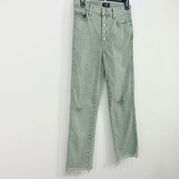 7 for All Mankind Green Fade Hight Waist Cropped Straight Distressed Jeans - Picture 4 of 16